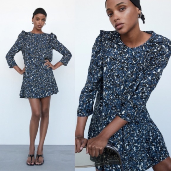 NWT ZARA Blue Floral Long Sleeve Ruffle Hem Mini Dress Size S - Picture 1 of 15